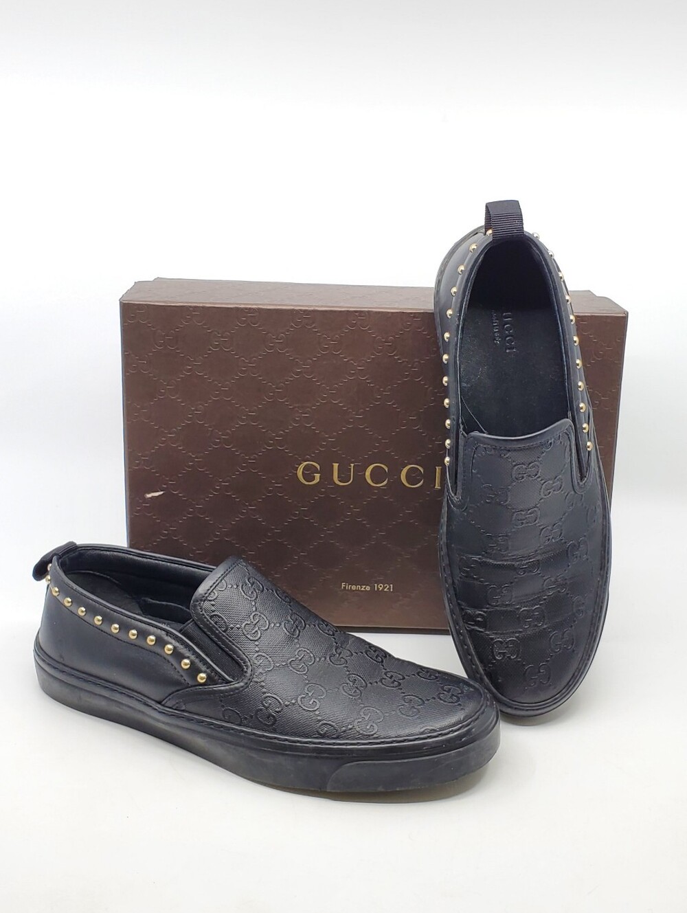 Gucci Signature GG Guccissima Embossed Leather Studded Slip-On Sneakers